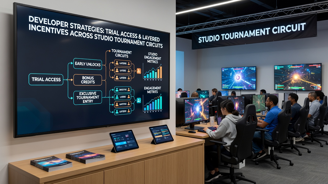 Tournament circuit dashboard displaying layered rewards connected to trial access metrics