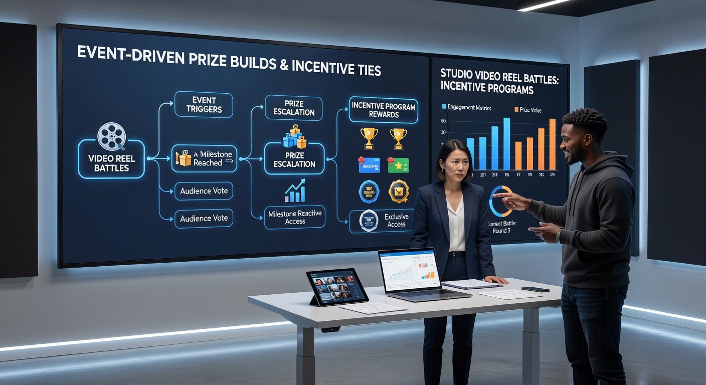 Multiple studio logos competing in a video reel battle with shared prize build displays and incentive notification panels