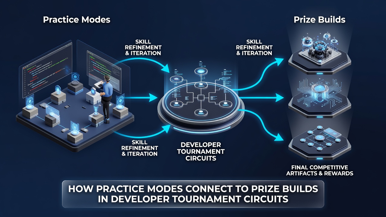 Developers reviewing tournament practice interfaces and prize accumulation displays on multiple screens