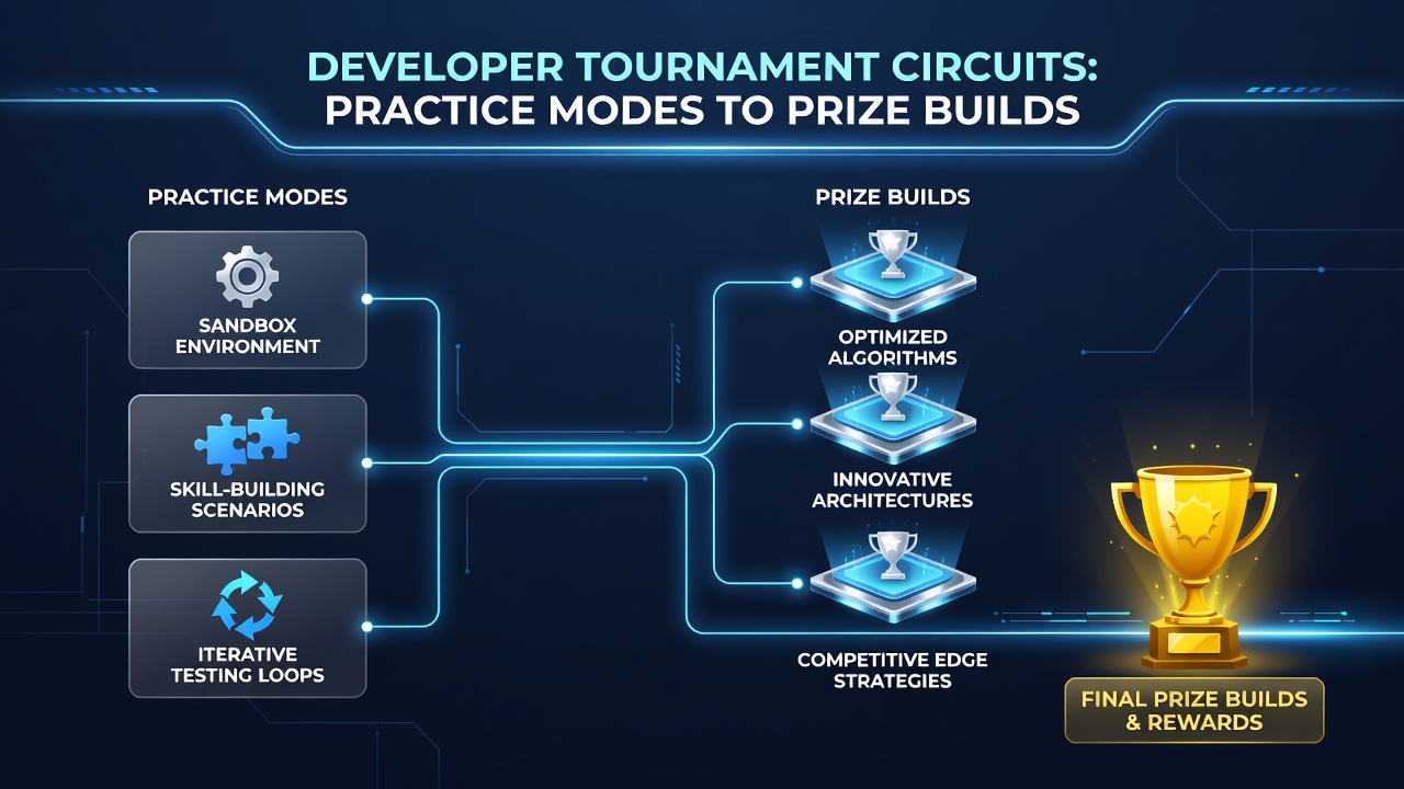 Tournament circuit dashboard showing practice mode statistics feeding into live prize build counters