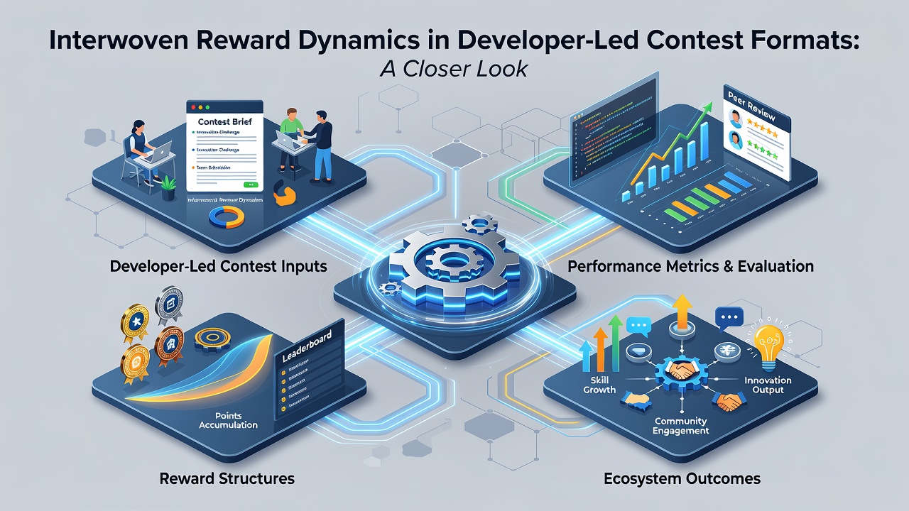 Infographic illustrating reward flow between cash prizes, skill certifications, and career opportunities in global developer competitions