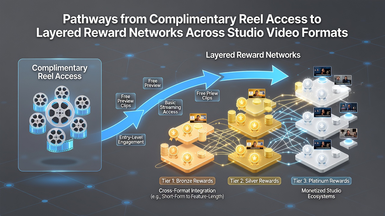 Visual representation of reel access pathways leading into layered reward structures in video slot formats