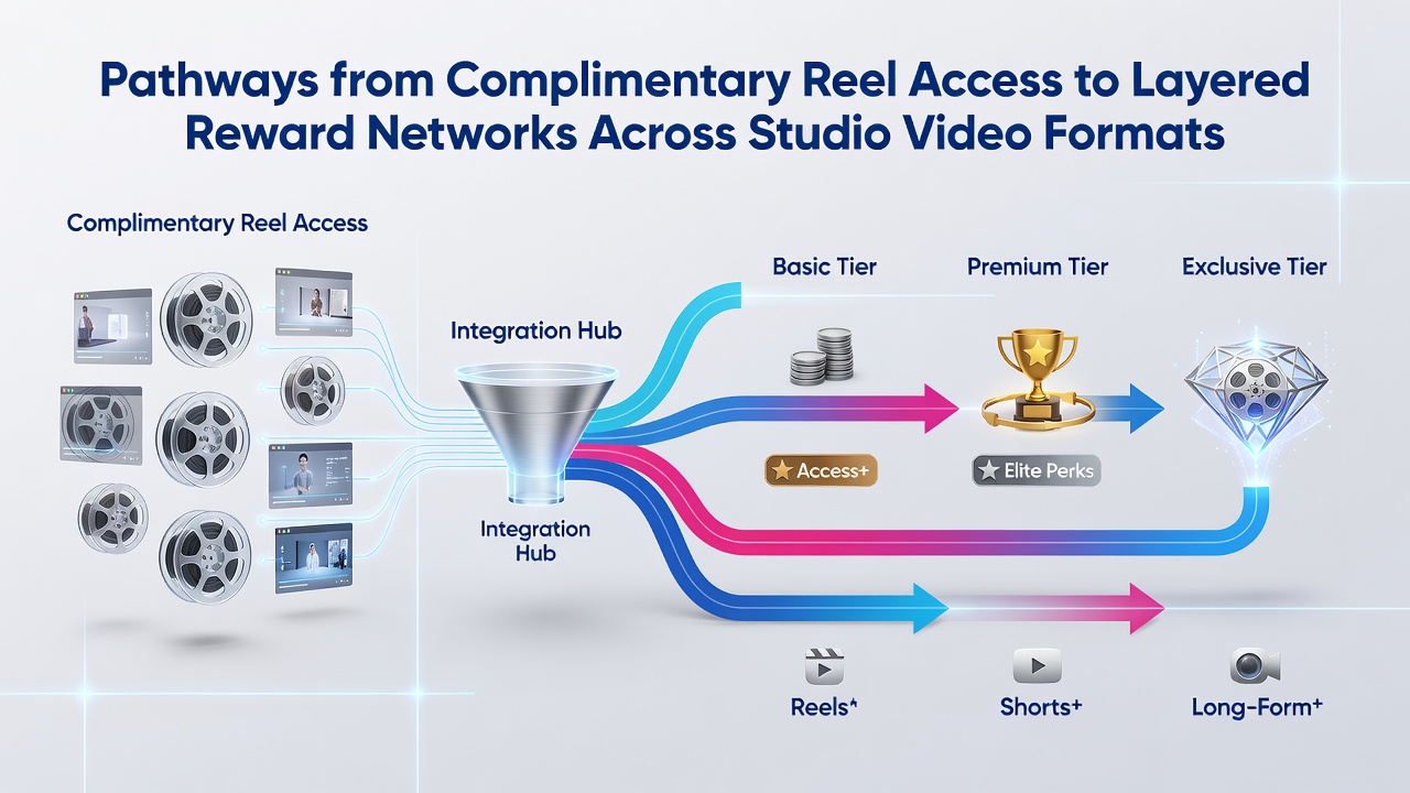 Diagram illustrating layered reward networks connecting complimentary access to advanced studio video formats