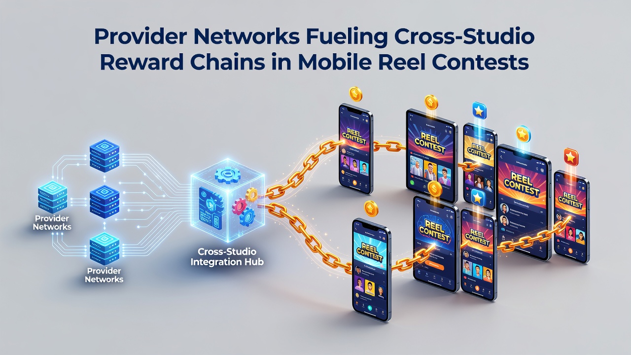 Mobile reel contest interface displaying interconnected provider network icons and reward chain pathways across multiple studio titles