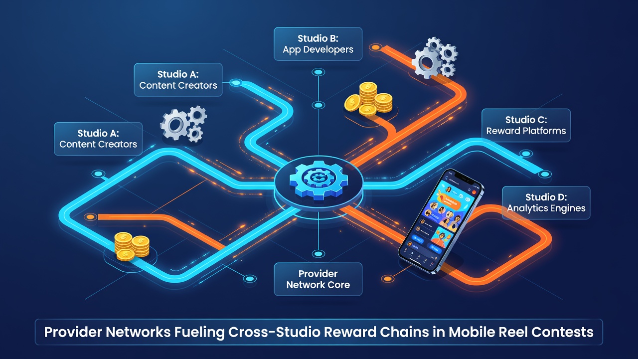 Diagram of cross-studio reward chain flow showing data transfer between mobile reel contest providers and layered bonus structures