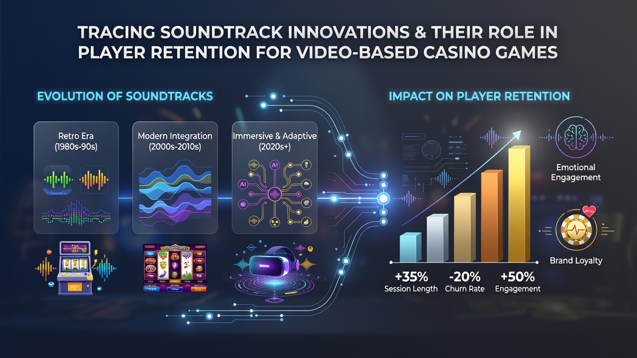 Dynamic audio visualization in a video-based casino game interface showing layered soundtrack elements