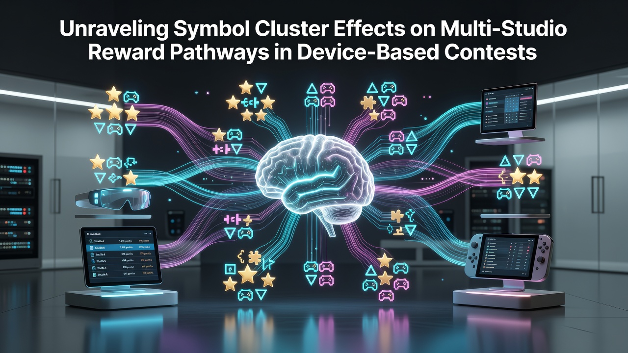 Infographic showing reward pathway mappings between device contest studios triggered by symbol clusters